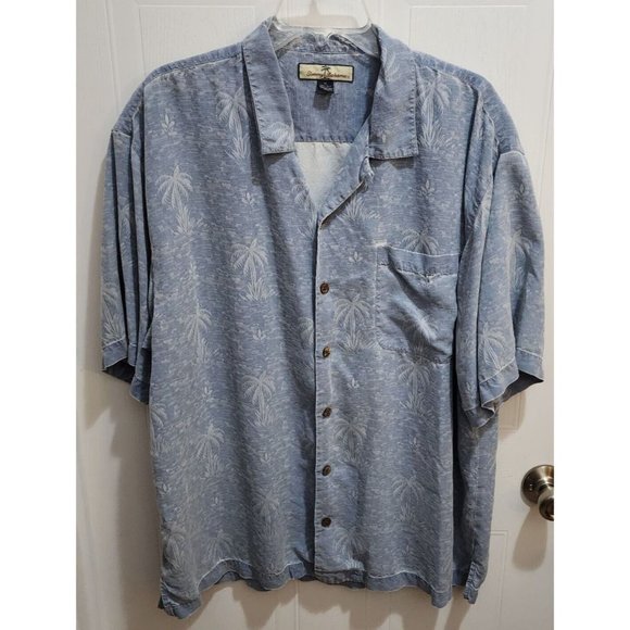 Tommy Bahama Hawaiian Floral Palm Tree Blue Button Shirt Silk Luau Camp Size XL - Picture 1 of 12